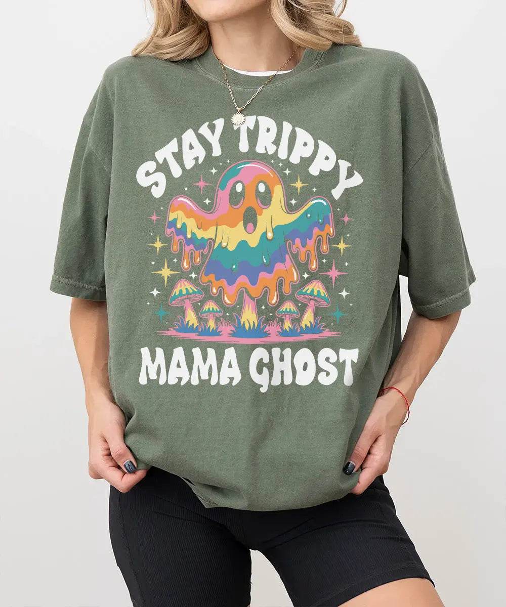 Stay Trippy Mama Ghost Comfort Colors T-Shirt or Crewneck Sweatshirt – Psychedelic Halloween Mom Shirt - Woven Mama