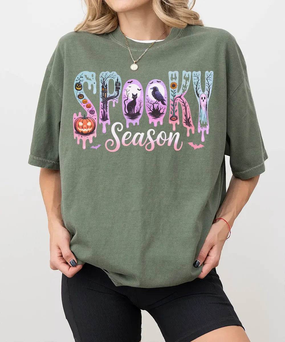 Spooky Season Comfort Colors T-Shirt or Crewneck Sweatshirt – Cute Drippy Pastel Halloween Shirt - Woven Mama