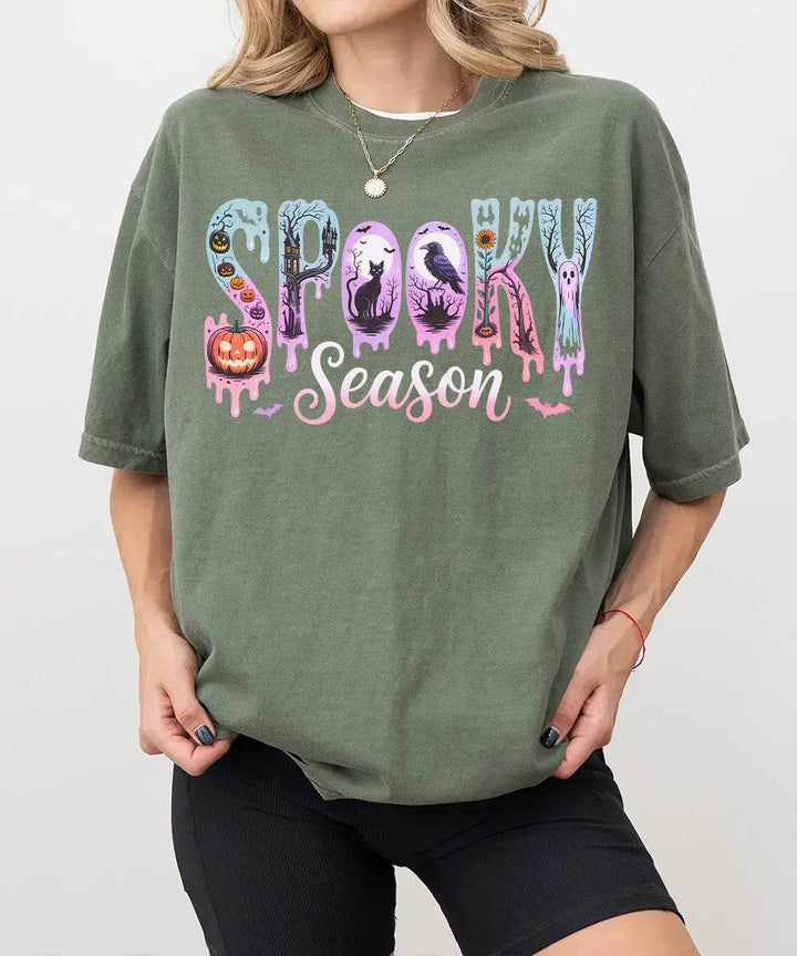 Spooky Season Comfort Colors T-Shirt or Crewneck Sweatshirt – Cute Drippy Pastel Halloween Shirt - Woven Mama