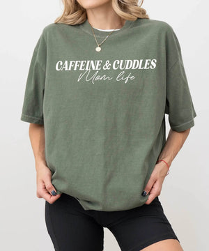 Caffeine & Cuddles Mom Life T-Shirt – Minimal Comfort Colors Tee for Tired Mamas - Woven Mama