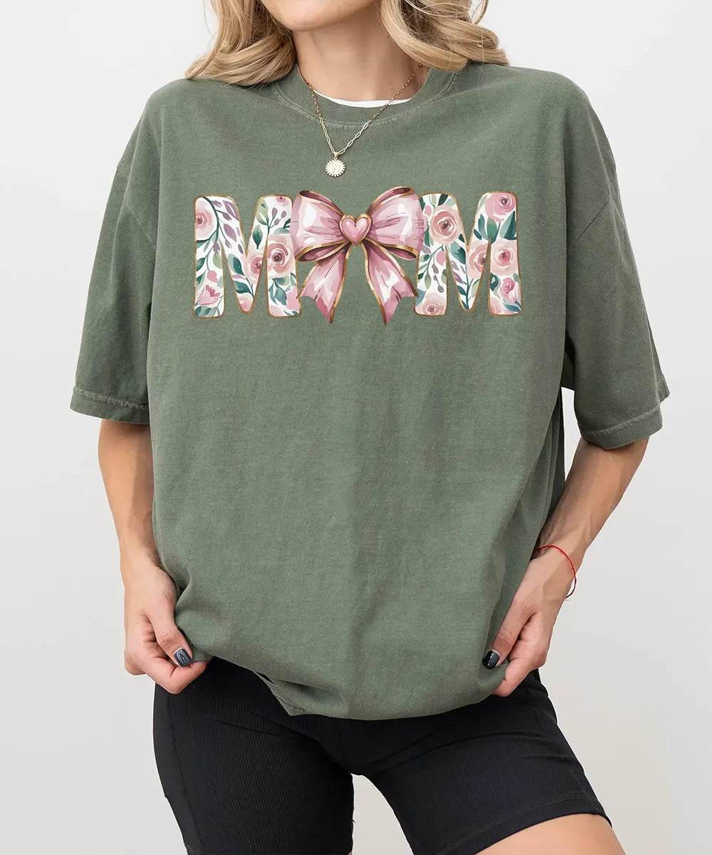 MAMA Comfort Colors® T-Shirt – Floral Letters with Pink Bow & Heart Mom Shirt - Woven Mama