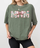 MAMA Comfort Colors® T-Shirt – Floral Letters with Pink Bow & Heart Mom Shirt - Woven Mama