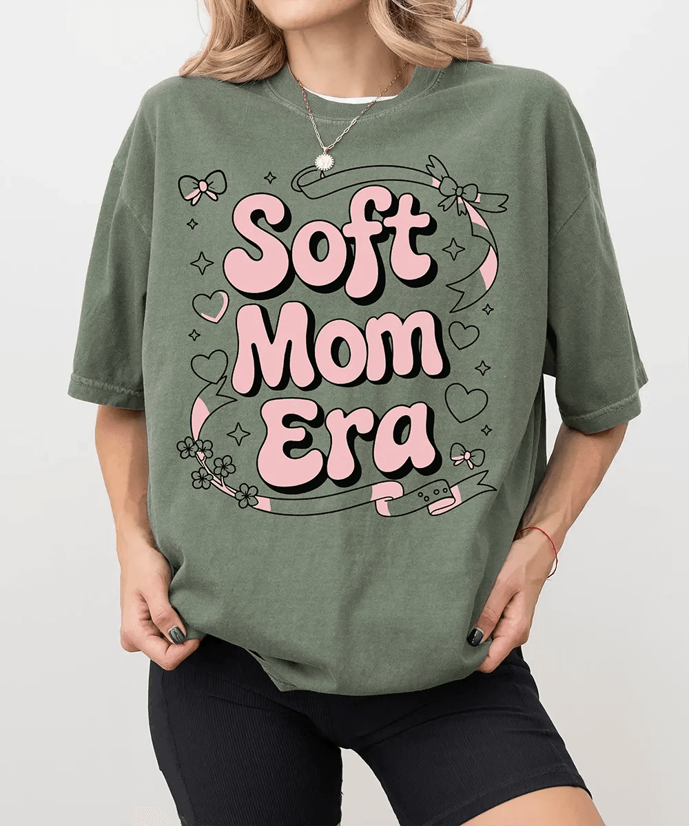 Soft Mom Era Comfort Colors® T-Shirt – Pink Bubble Letters with Hearts, Ribbons & Bows Mom Shirt - Woven Mama