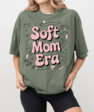 Soft Mom Era Comfort Colors® T-Shirt – Pink Bubble Letters with Hearts, Ribbons & Bows Mom Shirt - Woven Mama