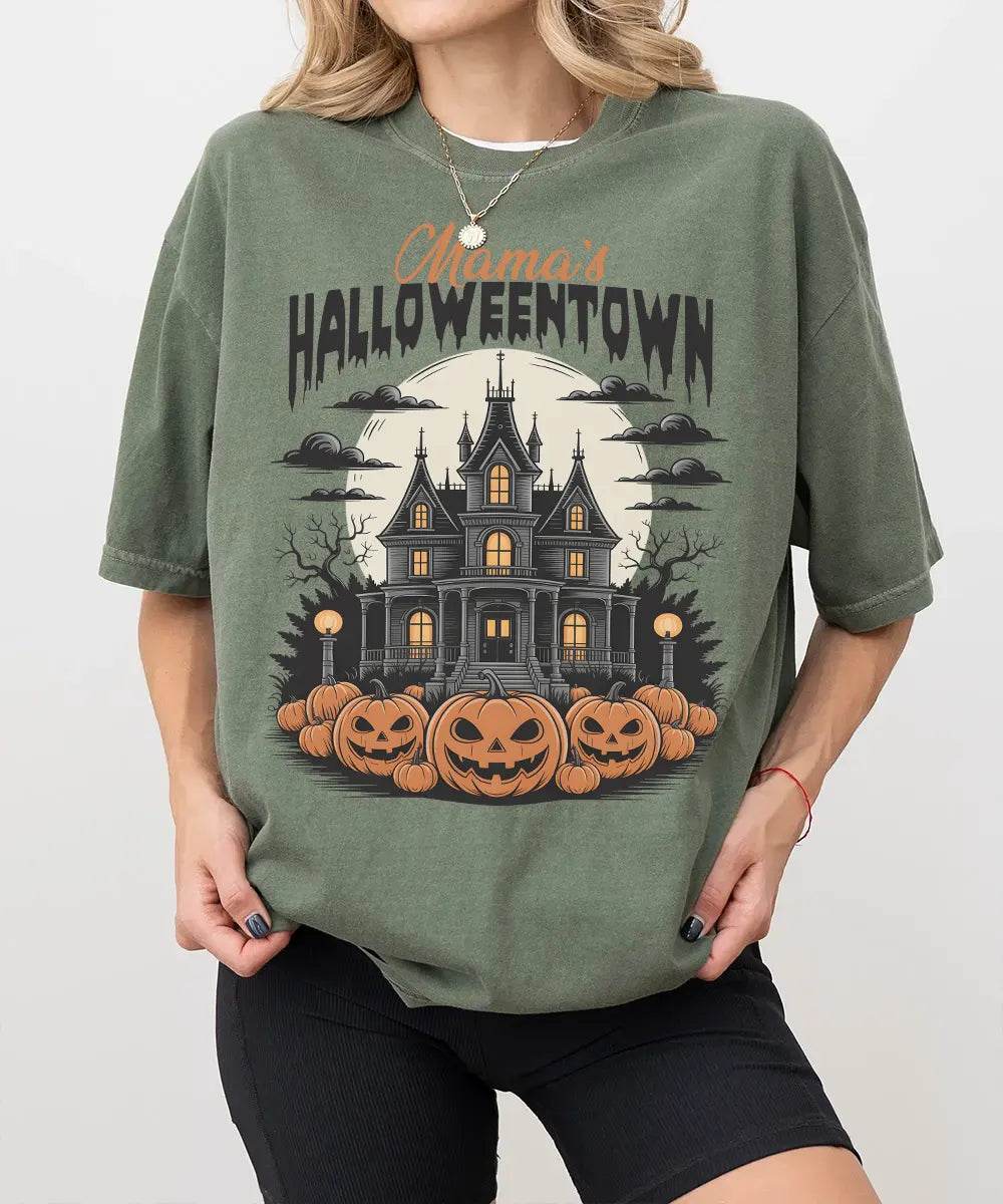 Mama’s Halloweentown Comfort Colors T-Shirt or Crewneck Sweatshirt – Haunted House Pumpkin Halloween Mom Shirt - Woven Mama