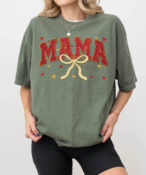 Red Glitter Mama T-Shirt – Gold Bow Comfort Colors Tee - Woven Mama