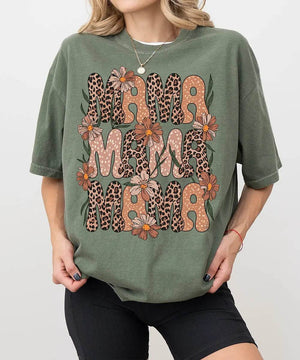 MAMA Comfort Colors® T-Shirt – Retro Leopard & Polka Dot Floral Mom Shirt - Woven Mama