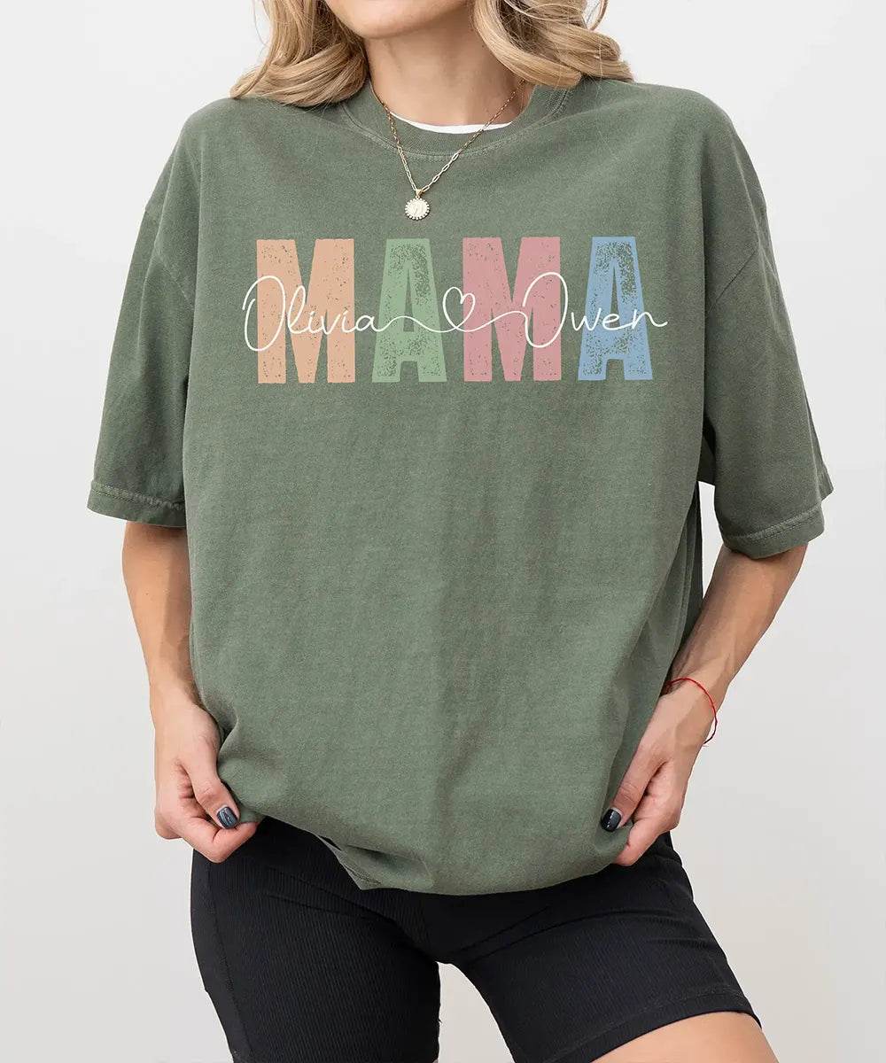 Custom Mama Comfort Colors® T-Shirt – Personalized with Kids’ Names - Woven Mama