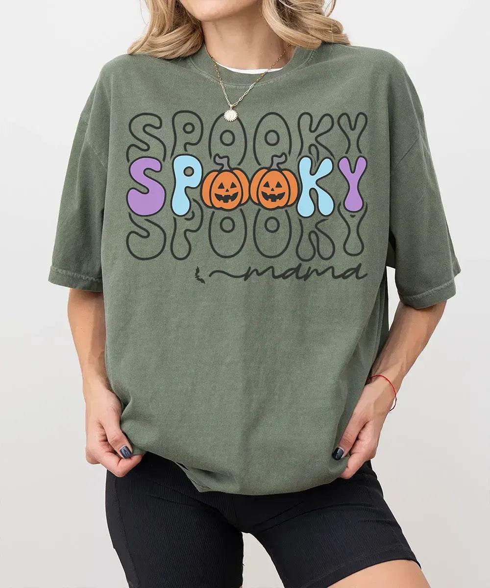Spooky Mama Comfort Colors T-Shirt or Crewneck Sweatshirt – Colorful Halloween Pumpkin Mom Shirt - Woven Mama