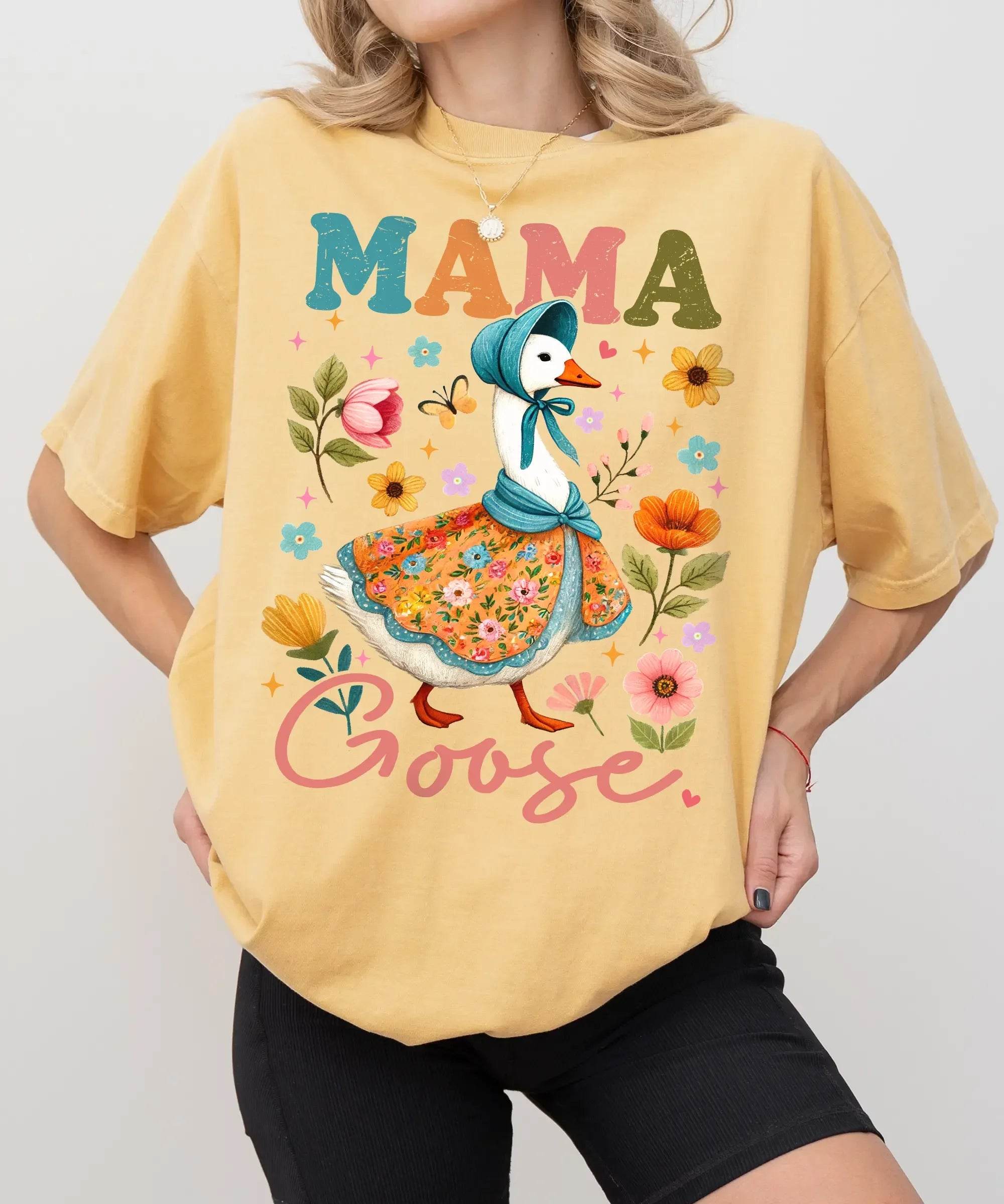 Mama Goose T-Shirt – Whimsical Floral Comfort Colors Tee for Moms - Woven Mama
