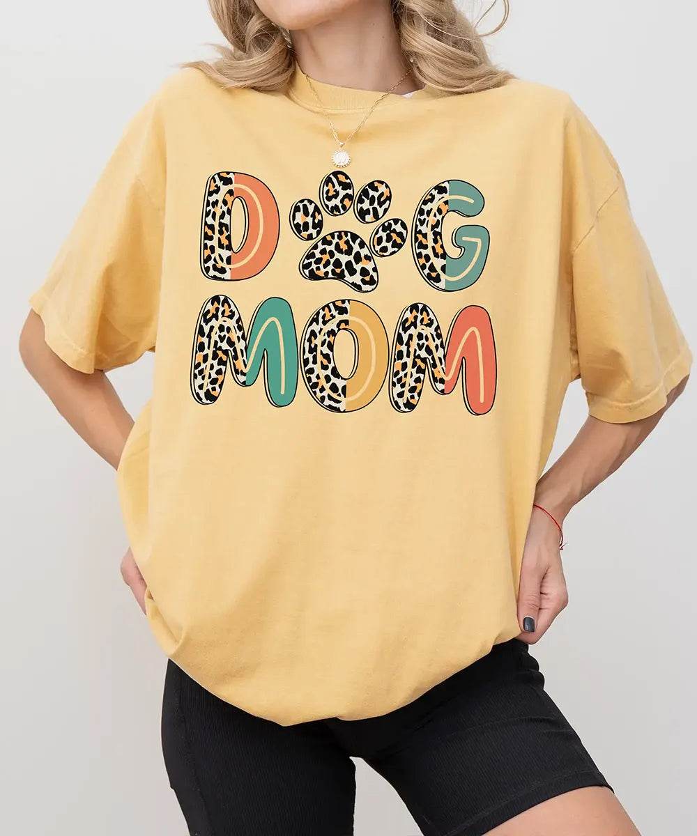 Dog Mom Comfort Colors® T-Shirt – Retro Leopard Letters with Paw Print - Woven Mama