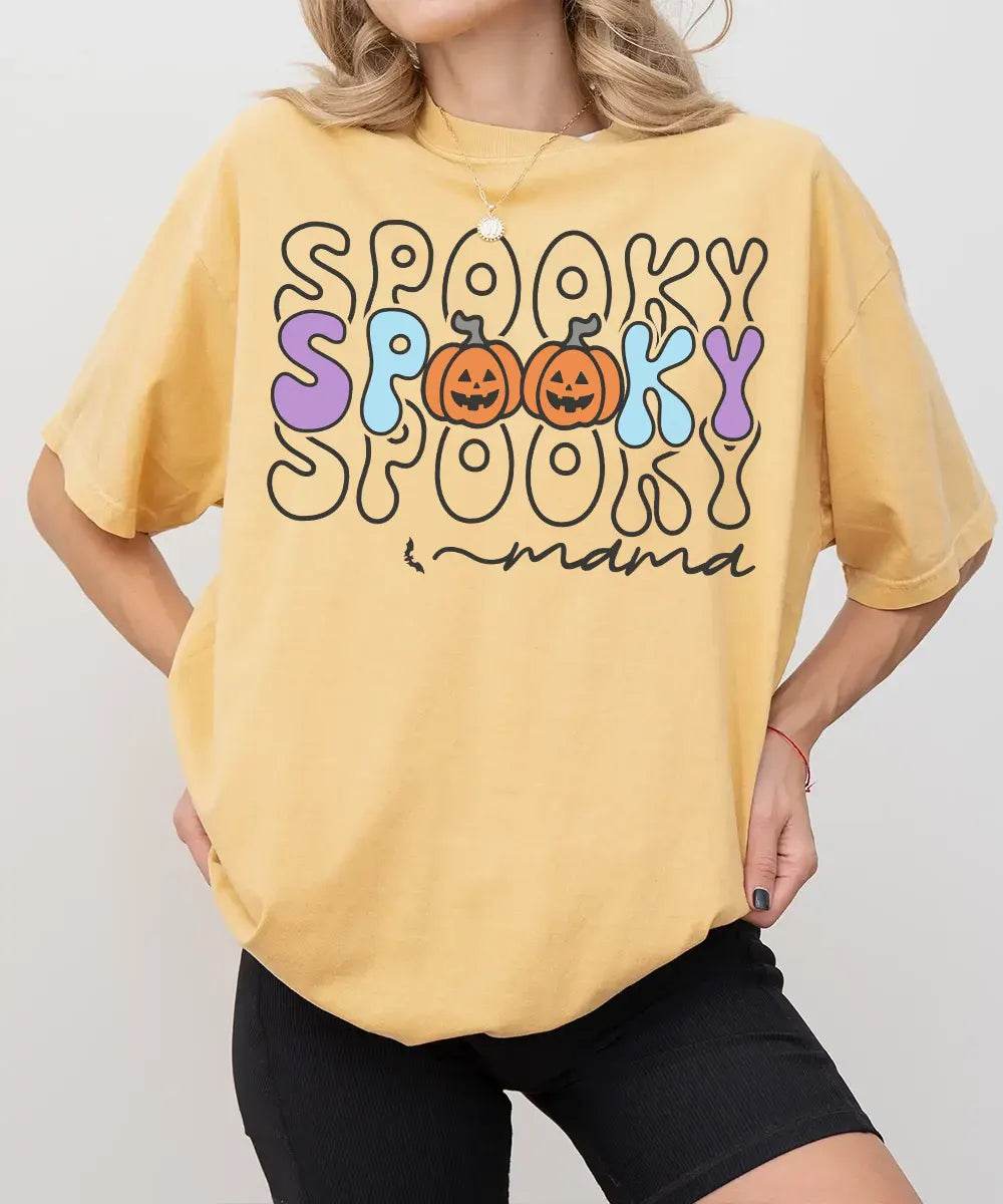 Spooky Mama Comfort Colors T-Shirt or Crewneck Sweatshirt – Colorful Halloween Pumpkin Mom Shirt - Woven Mama