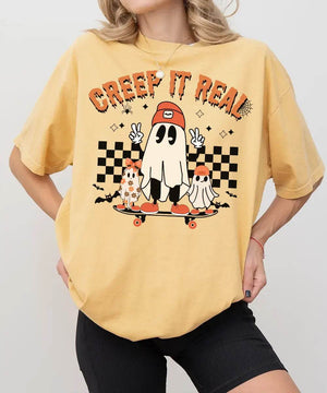 Retro Creep It Real Halloween Comfort Colors T-Shirt or Crewneck Sweatshirt – Cute Ghost Skateboard Shirt - Woven Mama