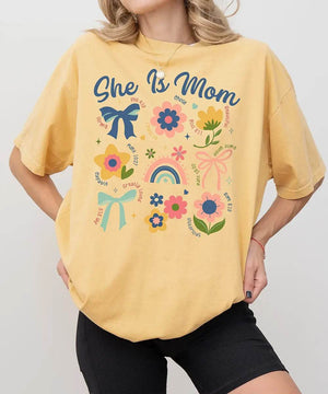 She Is Mom Comfort Colors® T-Shirt – Floral & Bow Inspirational Mom Shirt - Woven Mama