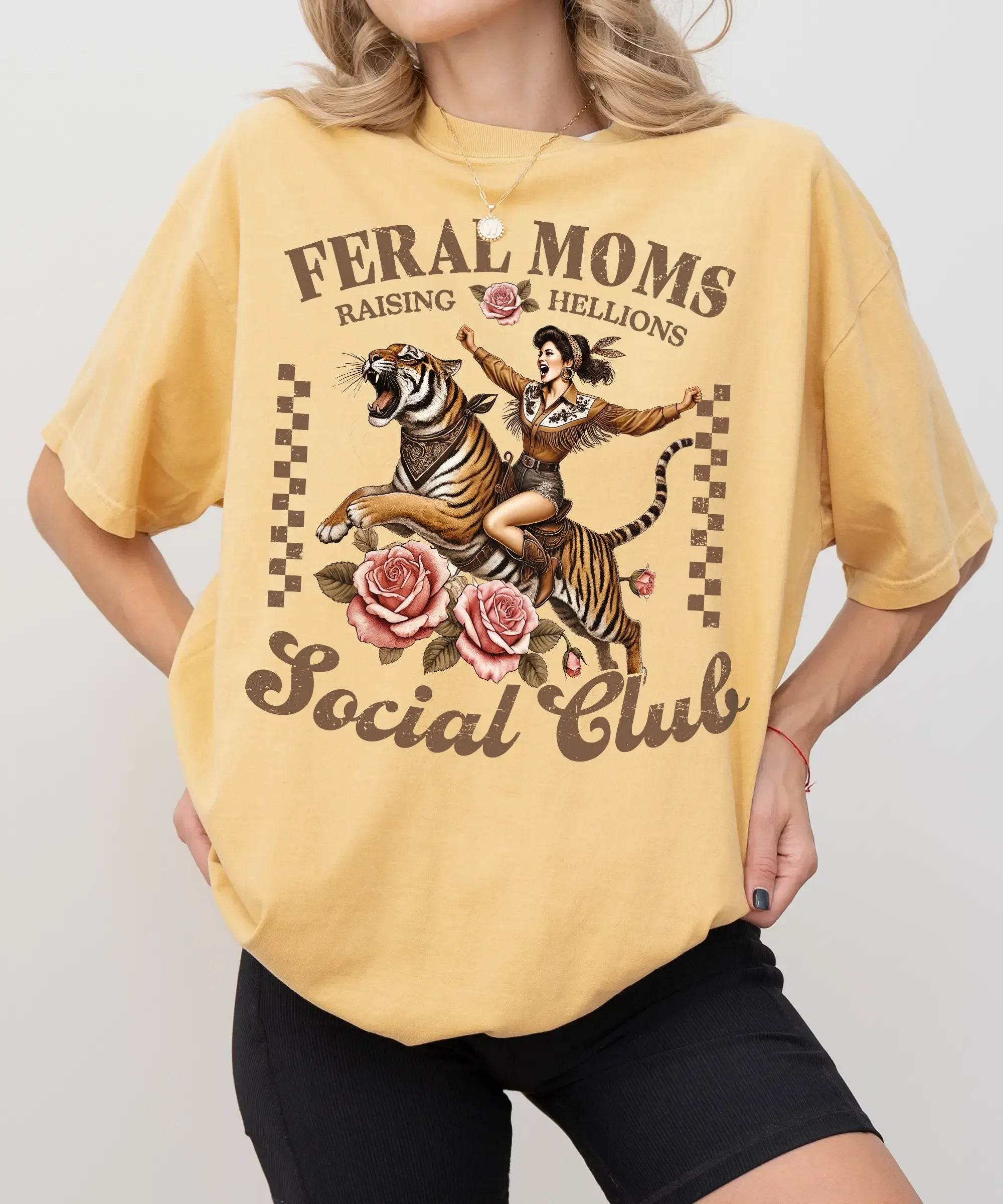 Feral Moms Social Club Shirt – Retro Tiger Comfort Colors Tee for Moms - Woven Mama