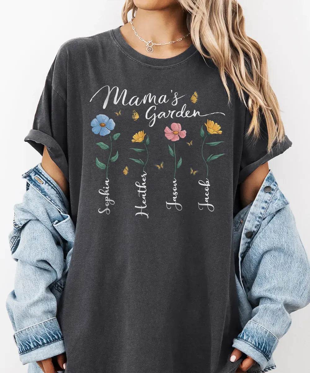 Mama’s Garden Custom Shirt with Kids’ Names – Personalized Floral Mom T-Shirt or Sweatshirt - Woven Mama