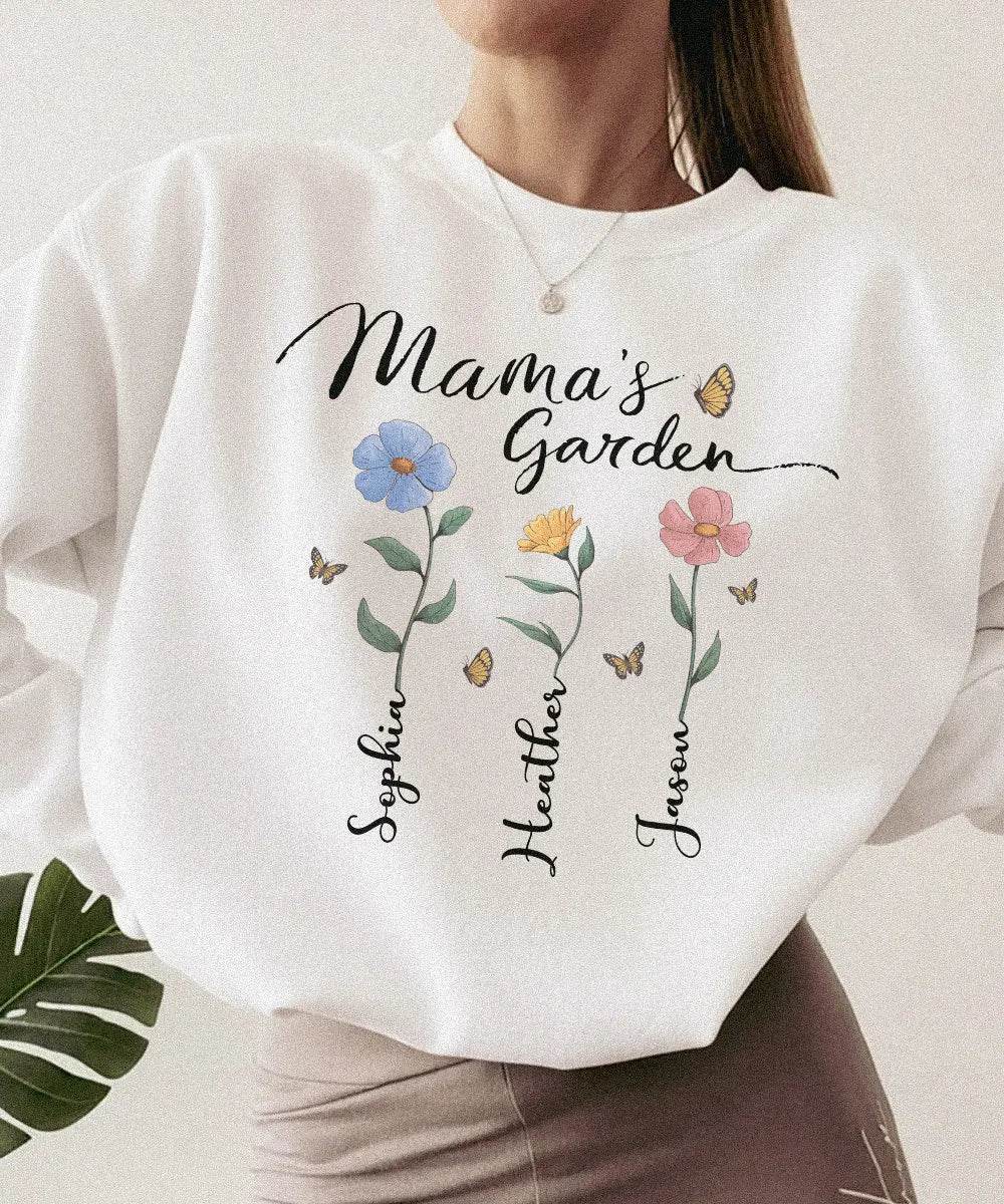 Mama’s Garden Custom Shirt with Kids’ Names – Personalized Floral Mom T-Shirt or Sweatshirt - Woven Mama