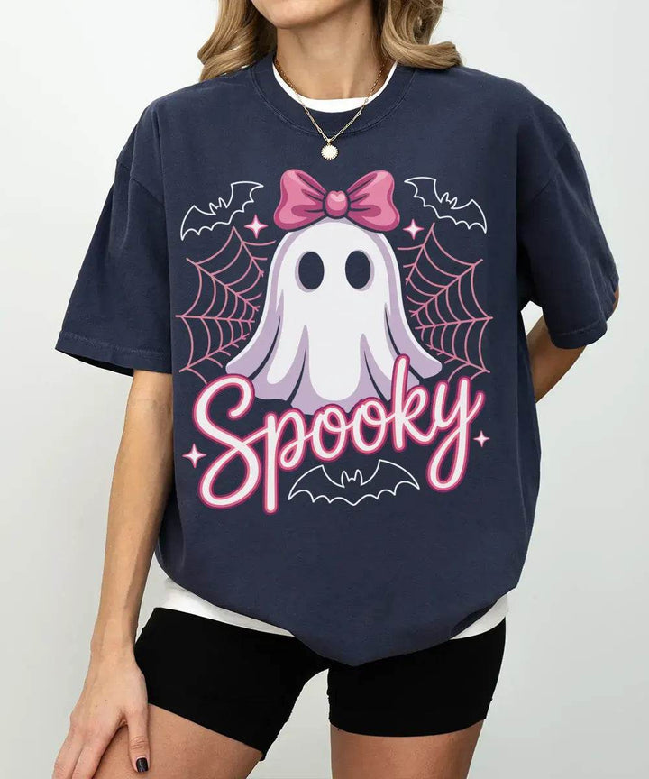 Spooky Ghost Mama Comfort Colors T-Shirt or Sweatshirt – Cute Halloween Pink Bow Ghost Shirt - Woven Mama
