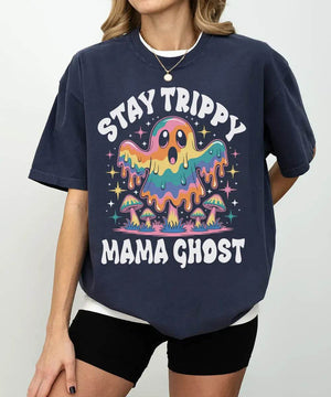 Stay Trippy Mama Ghost Comfort Colors T-Shirt or Crewneck Sweatshirt – Psychedelic Halloween Mom Shirt - Woven Mama