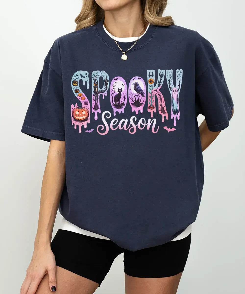 Spooky Season Comfort Colors T-Shirt or Crewneck Sweatshirt – Cute Drippy Pastel Halloween Shirt - Woven Mama