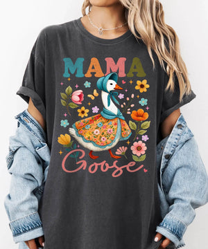 Mama Goose T-Shirt – Whimsical Floral Comfort Colors Tee for Moms - Woven Mama