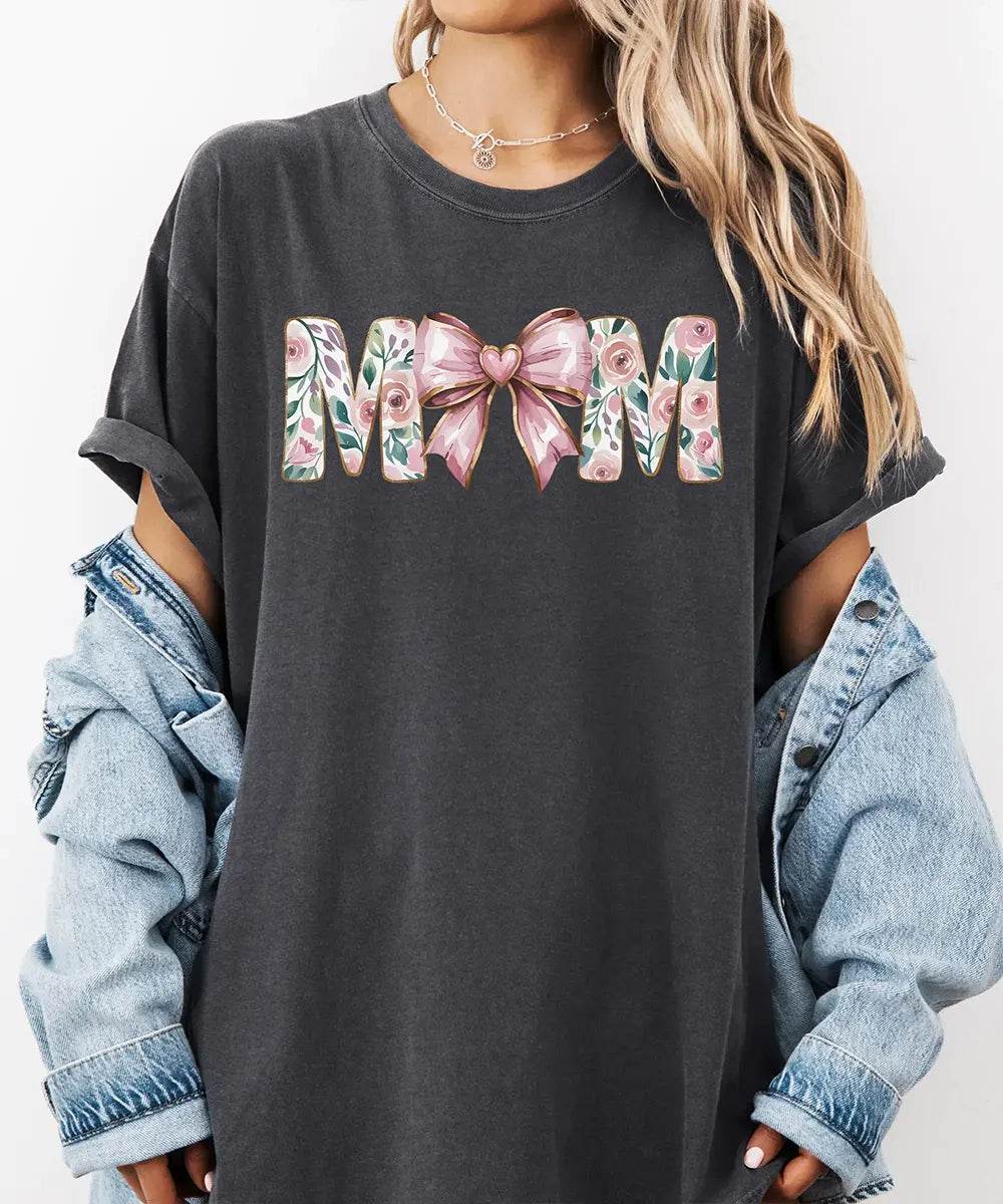 MAMA Comfort Colors® T-Shirt – Floral Letters with Pink Bow & Heart Mom Shirt - Woven Mama