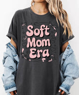 Soft Mom Era Comfort Colors® T-Shirt – Pink Bubble Letters with Hearts, Ribbons & Bows Mom Shirt - Woven Mama