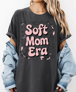 Soft Mom Era Comfort Colors® T-Shirt – Pink Bubble Letters with Hearts, Ribbons & Bows Mom Shirt - Woven Mama