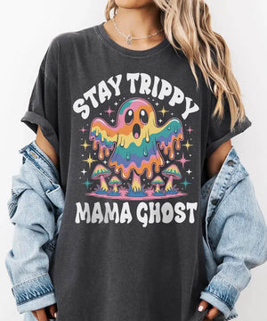 Stay Trippy Mama Ghost Comfort Colors T-Shirt or Crewneck Sweatshirt – Psychedelic Halloween Mom Shirt - Woven Mama