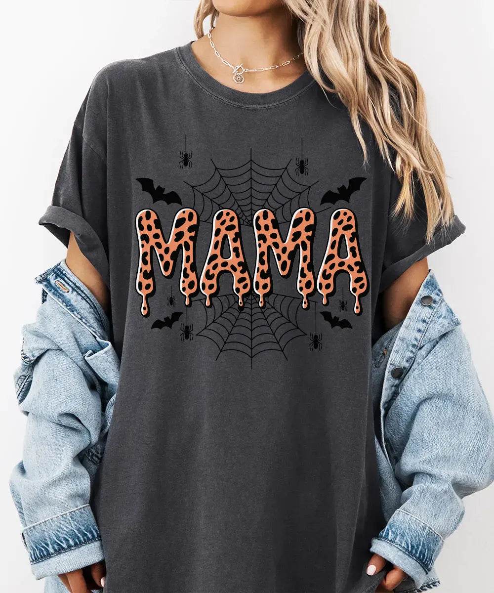 Spooky Mama Comfort Colors T-Shirt or Crewneck Sweatshirt – Leopard Print Halloween Mom Shirt - Woven Mama