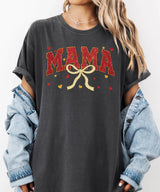 Red Glitter Mama T-Shirt – Gold Bow Comfort Colors Tee - Woven Mama