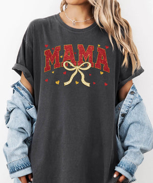 Red Glitter Mama T-Shirt – Gold Bow Comfort Colors Tee - Woven Mama