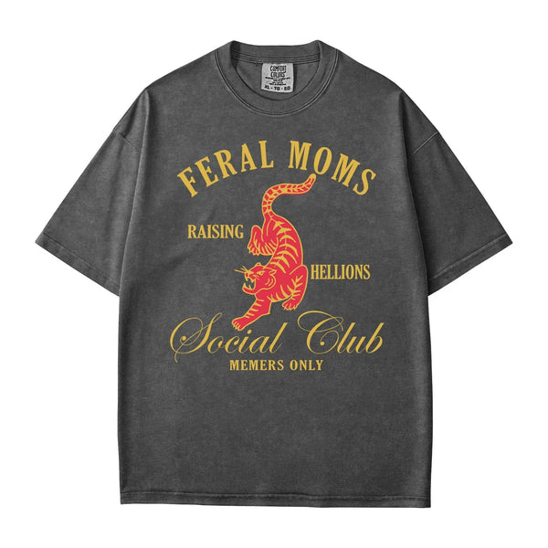 Feral Moms Social Club T-Shirt – Wild Mom Comfort Colors Tee with Tiger Design - Woven Mama