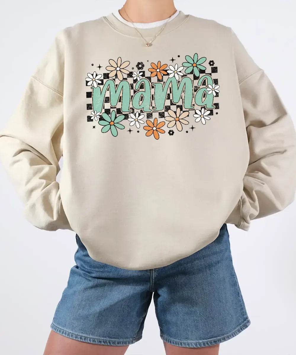 Retro Floral Mama Shirt – Vintage Floral Mom Comfort Colors® Tee or Crewneck Sweatshirt - Woven Mama