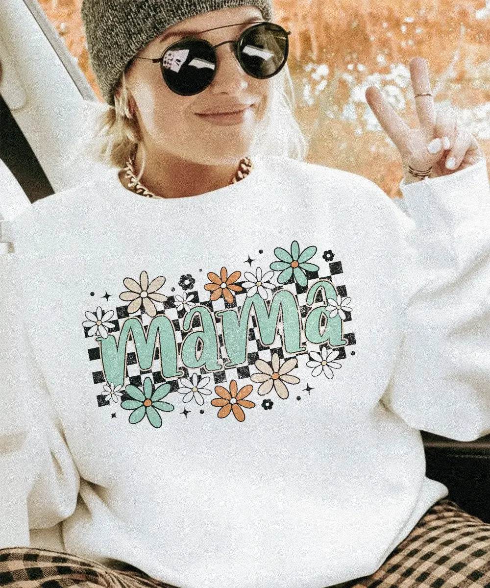 Retro Floral Mama Shirt – Vintage Floral Mom Comfort Colors® Tee or Crewneck Sweatshirt - Woven Mama