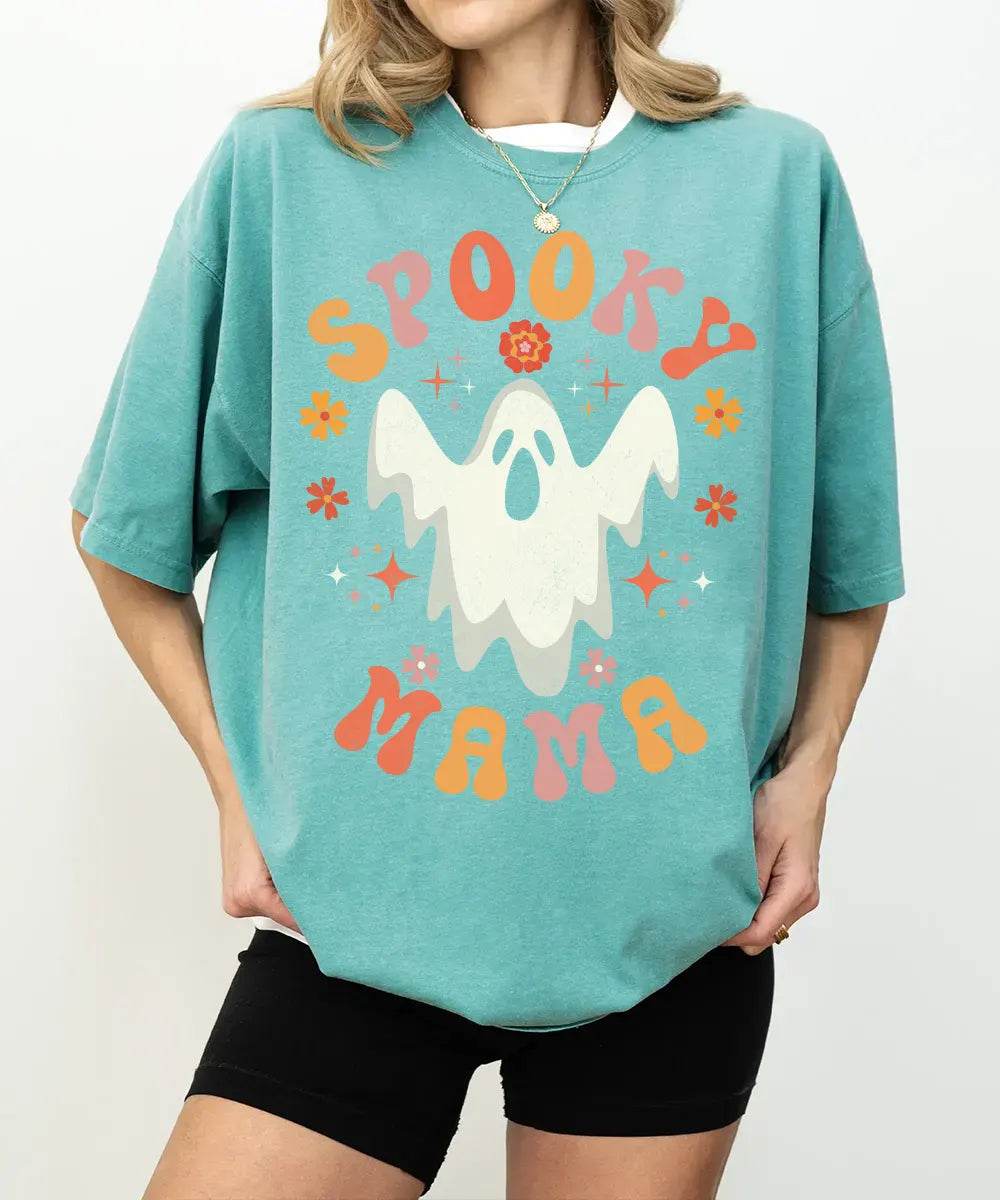 Spooky Mama Ghost Comfort Colors T-Shirt or Crewneck Sweatshirt – Retro Halloween Mom Shirt - Woven Mama