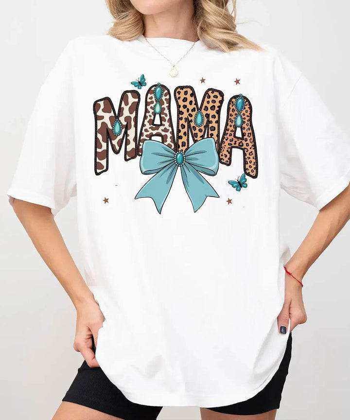 MAMA Comfort Colors® T-Shirt – Leopard & Cow Print Letters with Turquoise Bow Mom Shirt - Woven Mama