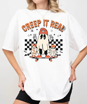 Retro Creep It Real Halloween Comfort Colors T-Shirt or Crewneck Sweatshirt – Cute Ghost Skateboard Shirt - Woven Mama