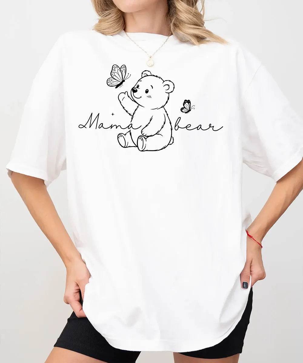 Mama Bear Comfort Colors® T-Shirt – Minimalist Line Art Bear with Butterflies Mom Shirt - Woven Mama