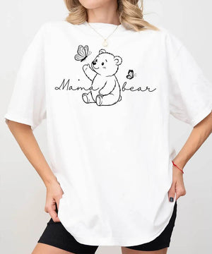 Mama Bear Comfort Colors® T-Shirt – Minimalist Line Art Bear with Butterflies Mom Shirt - Woven Mama
