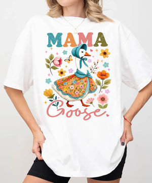 Mama Goose T-Shirt – Whimsical Floral Comfort Colors Tee for Moms - Woven Mama