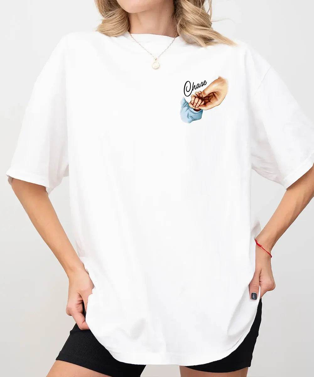 Custom Baby Name Mama Comfort Colors® T-Shirt – Personalized Mom & Baby Hand Holding Pocket Print Shirt - Woven Mama