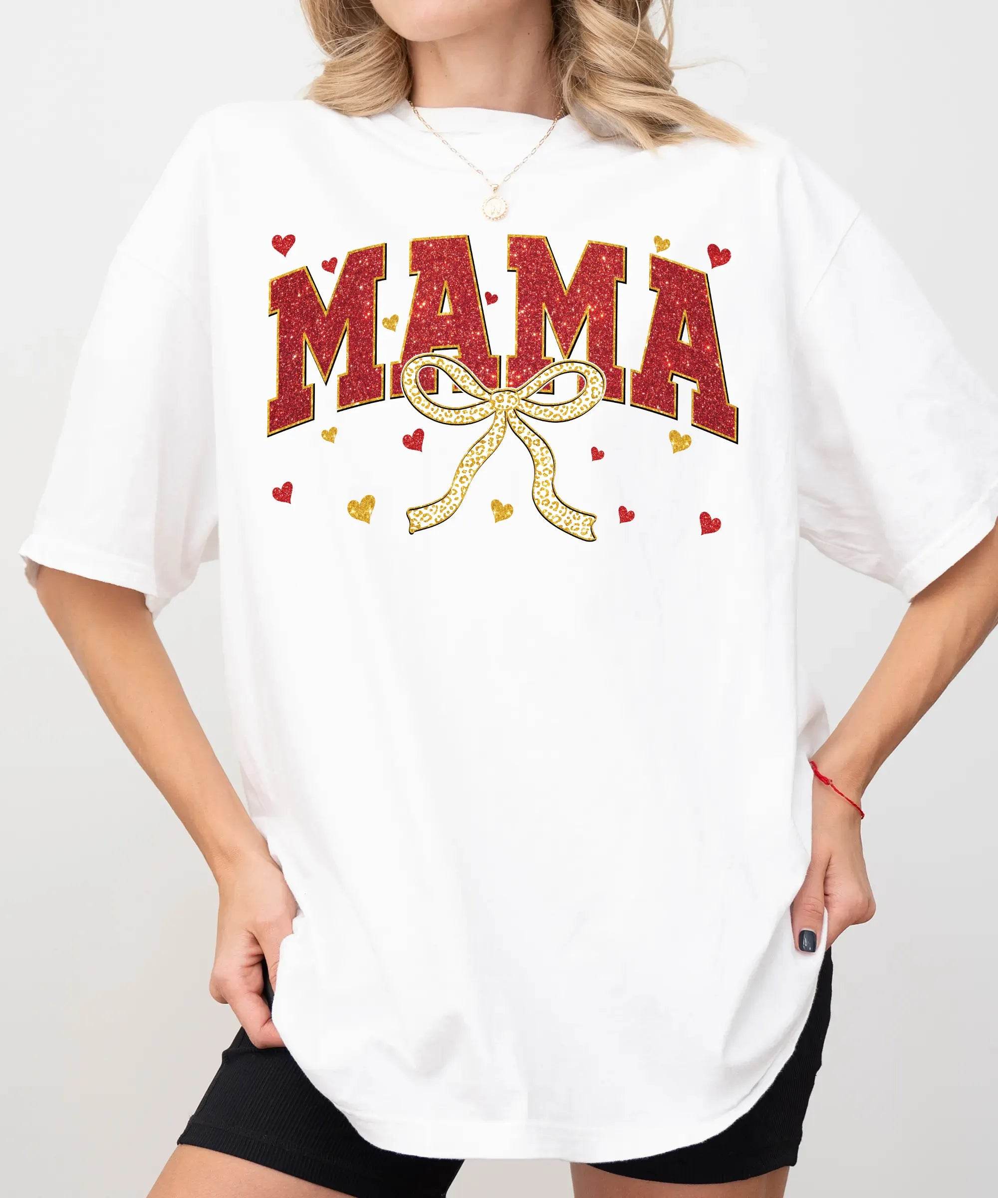 Red Glitter Mama T-Shirt – Gold Bow Comfort Colors Tee - Woven Mama
