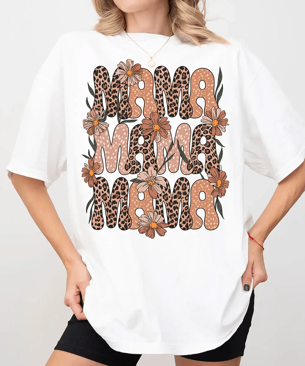 MAMA Comfort Colors® T-Shirt – Retro Leopard & Polka Dot Floral Mom Shirt - Woven Mama