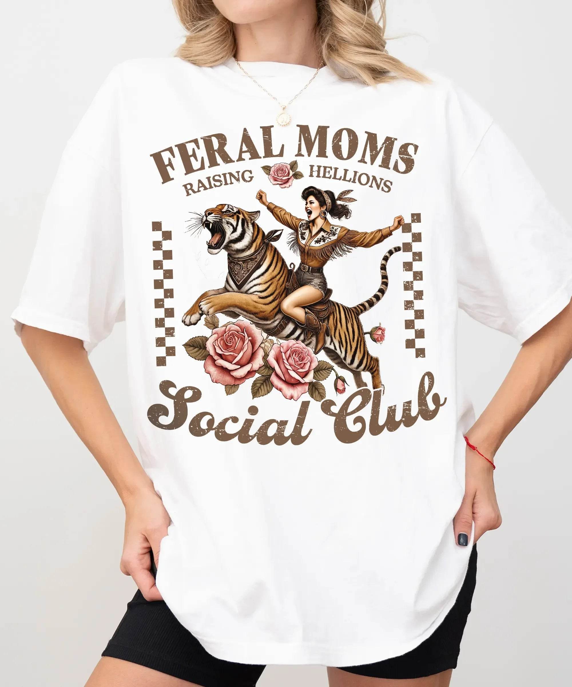 Feral Moms Social Club Shirt – Retro Tiger Comfort Colors Tee for Moms - Woven Mama