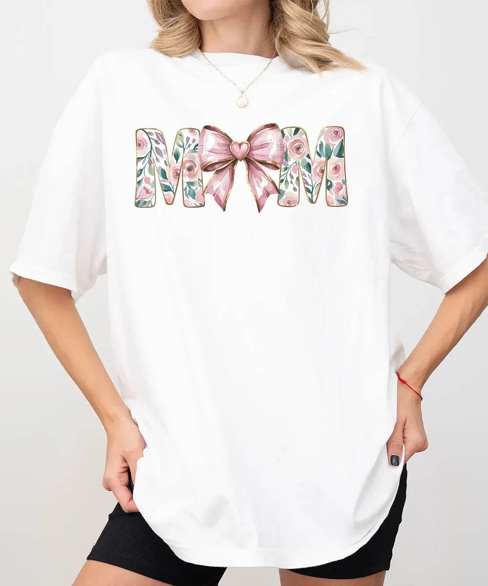 MAMA Comfort Colors® T-Shirt – Floral Letters with Pink Bow & Heart Mom Shirt - Woven Mama
