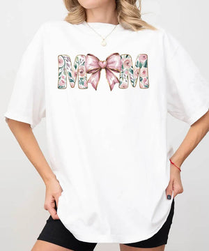 MAMA Comfort Colors® T-Shirt – Floral Letters with Pink Bow & Heart Mom Shirt - Woven Mama