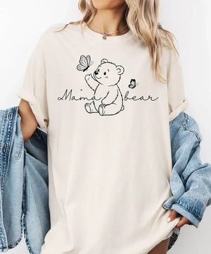 Mama Bear Comfort Colors® T-Shirt – Minimalist Line Art Bear with Butterflies Mom Shirt - Woven Mama