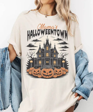 Mama’s Halloweentown Comfort Colors T-Shirt or Crewneck Sweatshirt – Haunted House Pumpkin Halloween Mom Shirt - Woven Mama
