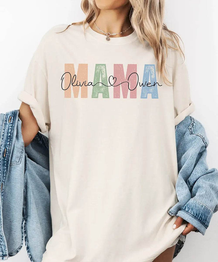 Custom Mama Comfort Colors® T-Shirt – Personalized with Kids’ Names - Woven Mama